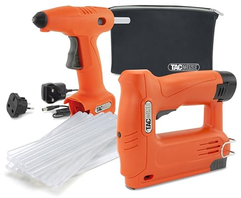 Tacwise 1780 Set con Grapadora/Clavadora 140-180EL de 12V, Pistola de Pegamento H12-7 de 12V, Batería de Iones de Litio Intercambiable de 12V, 30 Barras de Pegamento y Bolsa de Neopreno
