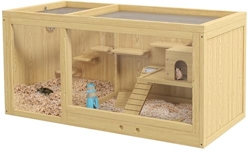 PawHut Cage pour hamsters en bois, 100 cm Clapier pour petits animaux, maison de jeu pour gerbilles Cage pour rongeurs avec balançoires, échelles, toit ouvrant, cabane, nature