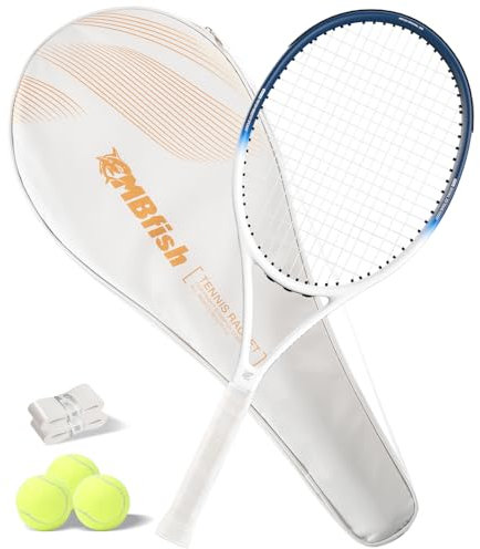 MBFISH Tennisschläger – Super Value Set mit widerstandsfähigen Saiten, bequemem Griff, 68,6 cm Tennisschläger für Erwachsene, inklusive 3 Tennisbälle, 2 Overgrips und 1 Tennistasche, KleinBlue 1P
