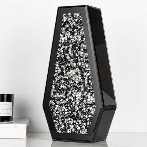 SHYFOY Vaso nero in vetro alto 36 cm, grande vaso con diamanti di cristallo, decorazione per centrotavola, moderno vaso decorativo per la casa, ingresso (nero)