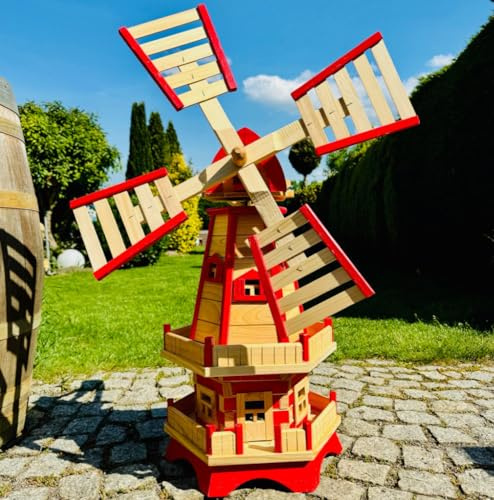 DARLUX Sechseck Doppelstock-Garten-Windmühle aus Holz Natur/Rot Höhe 93 cm