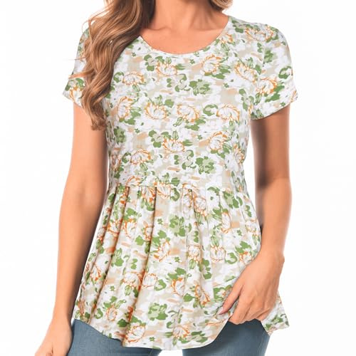 Bearsland Women's Nursing Tops Short Sleeve Scoop Neck Breastfeeding Shirt Maternity Clothes, White Green Geranium, XL