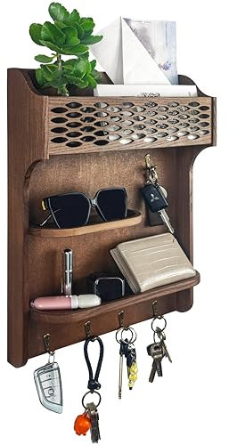 Handgearbeitet Schlüsselbrett Holz mit Ablage&Briefhalter, Schlüsselhalter Schlüsselregal mit 5 Haken, Wand Schlüsselboard Schlüsselhaken Key Schlüsselkasten für Eingangsbereich, Flur |Geschenk| Braun