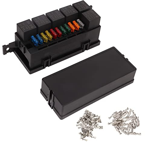 12V Sicherungs-Relaiskasten – Wasserdichter ATC ATO Sicherungs Relais Blockkasten mit 6 Relais und 11 Wege ATC, ATO Flachsicherungen, für 12V Fahrzeuge, Autos, Boote