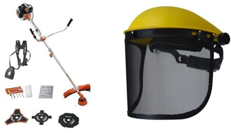 TIMBERPRO 2 en 1 Débroussailleuse Thermique 52 CC, Faucheuse, Coupe Bordure avec Bobine + 3 Lames & Greenstar 10212 Visière Professionnelle à écran grillagé relevable F439, Noir