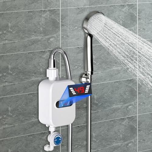 3500W Elektrischer Durchlauferhitzer mit Duschkopf Warmwasserbereiter Küchenarmatur Wasserhahn Heizung 30-60℃ Mit Duschkopf und Temperaturanzeige für Küche Bad 220V