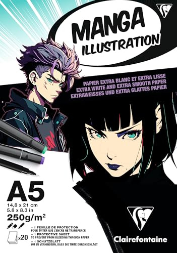 Clairefontaine 976162C - Zeichenblock Malblock Manga Illustration, DIN A5 14,8x21 cm, geleimt, 20 Blatt 250g, extraweiß, 1 Stück