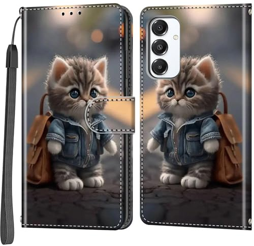 Salanheo Coque pour Samsung Galaxy A16 4G / A16 5G, Chat | Housse en Cuir PU, Etui à Rabat, Pochette de Antichoc Portefeuille,Fentes Cartes, Fonction Stand Housse