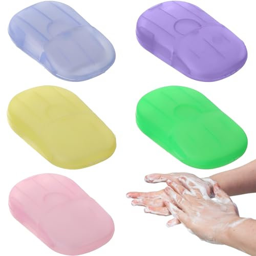 100 Stück Seifenblätter Für Unterwegs, Reiseseife, Mini Seife, Travel Soap,Outdoor Seife, Einweg-Seifenflocken, Kommt Mit 5 Kleinen Boxen, Je 20 Stück, Geeignet Für Camping Und Reisen