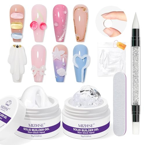 MIZHSE 3D Sculpting Nail Gel Kit, Solid Builder Gel for Nails Kit 15g Clear & White Set Non-Stick Hand 3D Carving Nail Extension Decoration Art for DIY Salon