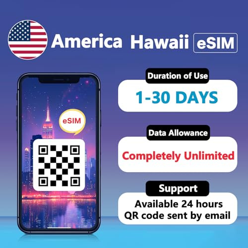 USA eSIM – Données Haut débit illimitées, appels locaux et SMS illimités, Support 24h/24, 7j/7, Compatible 5G/4G-LTE, Plan eSIM prépayé America (Utilisation illimitée de 5 Jours)