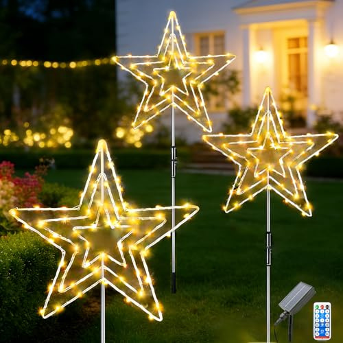 Redefun Solar Weihnachtsbeleuchtung Außen Stern 3 x 75 LED Gartenstecker | Weihnachten Beleuchtet, 8 Modi Gartenstecker Stern mit Fernbedienung Wasserdichte Weihnachtsstern for Garten Weihnachten Deko