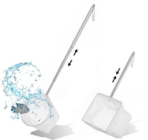2 Stück Kescher Aquarium, Weiß Kleiner Aquarium Netz Aquarium Fischnetz mit Edelstahl Teleskopstangen Griff zum Fangen von kleinen Fischen und Garnelen und zur Reinigung des Aquariums