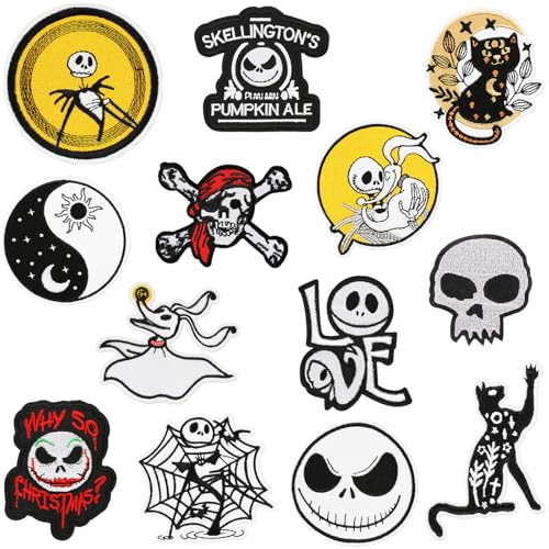 Boutihao 13 Stück Halloween Patches Flicken zum Aufbügeln, Geist, Katze, Schädel Aufnäher, Verschiedene Punk Bestickt Aufbügel Zum Nähen Oder Aufbügeln für Halloween Kleidung, Rucksäcke, Jeans, Hüte