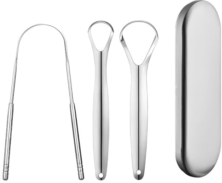 Aihoom Gratte-Langue, avec Étui, Ensemble 3 en 1, en Acier Inoxydable de Qualité Supérieure, Pour Adultes, Pour Nettoyer la Bouche et Eéduire la Mauvaise Haleine