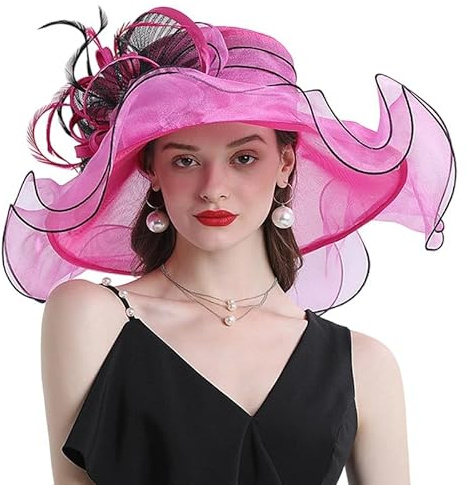 GreatRise Organza Damenhut mit Breite Krempe Blumen-Fascinator Sonnenhüte Elegante Derby-Hut Kentucky Kappe Große Flacher Sommerhut Strandmütze Brauthut für Teeparty Kirchen Hochzeit