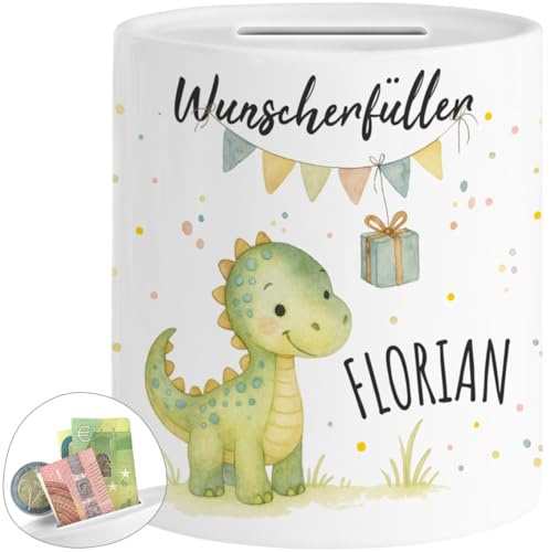 Tassenliebling® Wunscherfüller Spardose Dino personalisiert mit Name - Spardose Kinder mit Tiermotiv - Kinderspardose Mädchen Jungen - Sparschwein, Sparbüchse Geburtstag, Weihnachten, Geburt