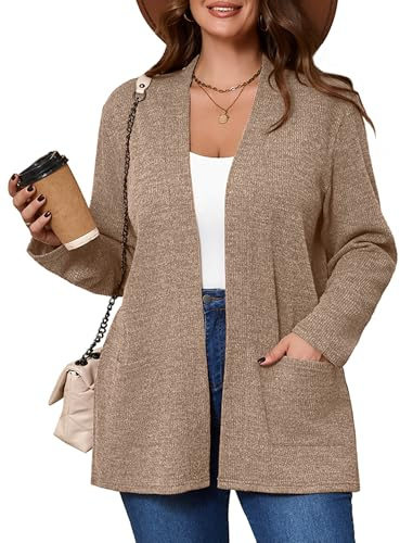 AusLook Women's Plus Size Lightweight Open Front Cardigan Latte 4X Causal Long Sleeve Sweater Cover Ups Jacket Shrugs Tops Shawls and Wraps Kimono