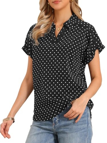 Allegra K Blusa de Mujer con Cuello en V y Manga Corta Camisa Informal de Lunares para Trabajo y Negocios Negro XL