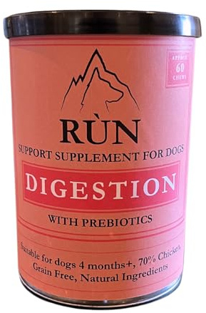 RÙN Digestion Support Supplement for Dogs – Soft Chews with Prebiotics, 70% Chicken, Grain-Free, Supports Gut Health, Healthy Poops & Sensitive Stomachs, Natural Ingredients – 180g