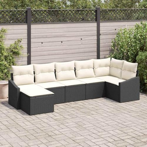 Frdhee Balkon Möbel, Gartenlounge, Lounge Sofa, Sofa Set mit Kissen 7 pcs Schwarz Poly Rattan, Balkon Möbel Outdoor Für Innen- Und Außenbereich, Einfache Montage