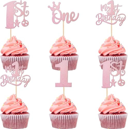SYKYCTCY 24 Pack One Birthday Cupcake Toppers Glitter Happy 1st Birthday Cupcake Picks Crown Happy Birthday Cake Decorations for First Baby Shower Anniversary Party Supplies