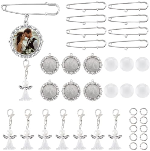 SUNNYCLUE 1 låda 50 st gör-det-själv 10 set bröllopsbukett foto berlock brosch tillverkning kit minnesbild berlocker silver ängel hängen för brud brudgum bröllopsfest gåvor blomma dekoration