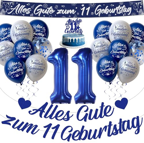 Tasoraor Deko 11 Geburtstag Junge Blau, Alles Gute zum 11. Geburtstag | Banner und Girlande, XXL Zahlen Luftballon, Tortendeko, Blau Silber Ballons für 11 Jahre Geburtstagsdeko