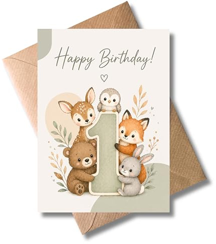 WBdesignz 1. Geburtstag Waldtiere Karte mit Umschlag - süße Glückwunschkarte für Mädchen & Jungen zum ersten Geburtstag - Kinder Geburtstagskarte mit Zahl Bär Hase Fuchs Eule Reh (DIN A6)