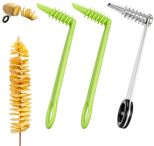 3Pcs Piranha Spiral Cutter Potato Spiral Cutter Stainless Steel Potatoes Spiralizer Spirals Slicer for Vegetables Tomato Carrot Cucumber Manual Kitchen Tools