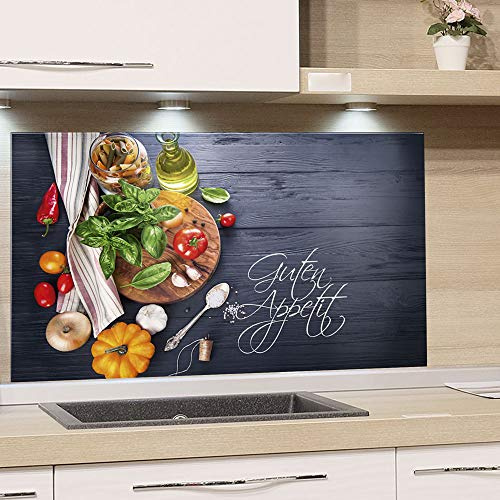 GRAZDesign Spritzschutz Küche Herd, Gemüse auf Holz, dunkelgrau mit Guten Appetit, Küchenrückwand aus Echtglas, Wandschutz Glasbild 4mm ESG Glas / 100x60cm