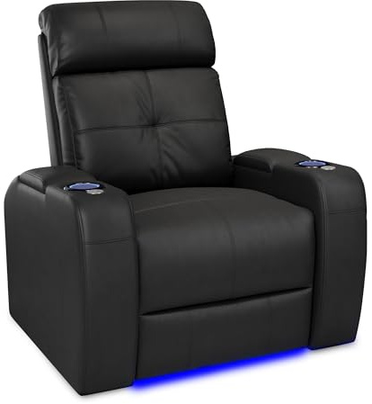 Valencia Verona Home Theater Seating | Premium Top Grain Italian 9000 Leather, Power Recliner, Power Headrest, LED Lighting (Single Seat, Black)