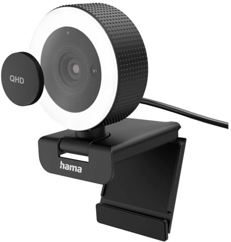 Hama Webcam mit Licht, Zoom, Fernbedienung (QHD 2K PC-Kamera mit Mikrofon Stereo Streaming-Cam, Ringlicht-Webcam Abdeckung, Autofokus, 360° drehen 89° neigen, 1/4-Zoll-Gewinde f Webcam-Stativ) schwarz
