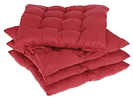 Relaxdays Galette de Chaise, Lot de 4, 38x38 cm, Coussins avec Bandes, intérieur, extérieur, revêtement Polyester, Rouge