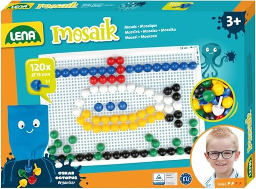 Lena 35629 Mosaik Steckspiel Set, Steckmosaik mit 120 Stecker, Mosaikstecker Ø 15 mm, Mosaikspiel für Kinder, Komplettset mit Steckplatte ca. 28 x 19,5 cm und Organizer, bunt, Mehrfarbig, Mittel