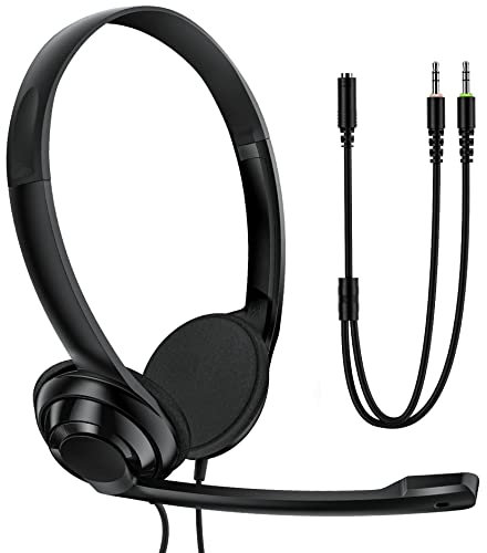 Headphones with Microphone for PC, 3.5mm Wired Headset with Mic Noise Cancelling for Meeting, Lightweight Computer Headset with Microphone for Work Office School Learning K-12 Student(w/Y-Adapter)