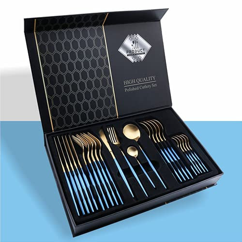 Ensemble de couverts en acier inoxydable plaqué or ensemble de 24 pièces couteau fourchette et cuillère ensemble vaisselle coffret cadeau (Blue)