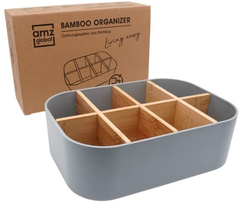 amzglobal Premium ECO Bambus Organizer für Kosmetik, Schreibtisch, Küche, Badezimmer, Barzubehör und Haushalt, 8 Fächer, rutschfest, multifunktional, ohne Plastik