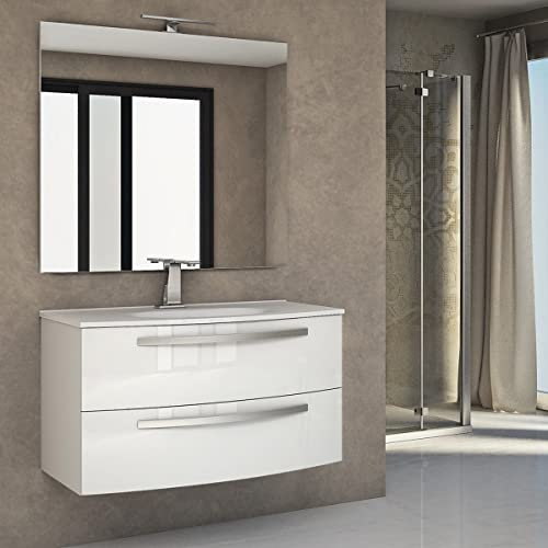 Yellowshop, Stella, Mobile Bagno Sospeso con 2 Cassetti e Lavabo, Bianco lucido, 100 cm