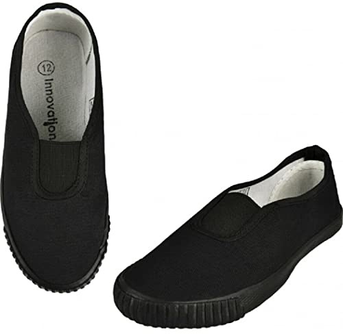 Boys Girls School Pumps PE Gym Black/White Plimsolls Trainers Adult Lace Dance Ballet Plain Plimsoles - Non Marking Sole