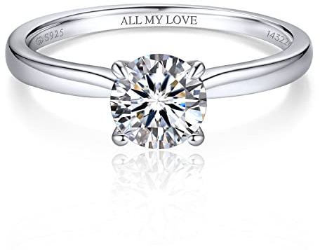 MomentWish Personalisiert Verlobungsring Damen, 1 Karat Solitär 925 Sterling Silber Moissainte Ringe D Farbe VVS1 Muttertagsgeschenk mit Geschenkbox Gra Zertifikat-Größe50