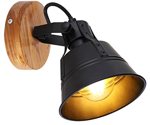 bmf-versand® Wandleuchte aus Metall und Holz - Wandlampe Innen Schwarz Gold Braunfarbig - Wandstrahler in Retro Optik E27-Fassung