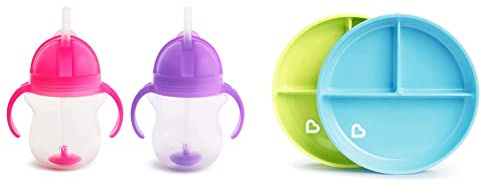 Munchkin Click Lock Tip & Sip Straw Cup Set, Baby & Toddler Sippy Cups with Straw, BPA Free Non Spill Cup & Stay Put Divided Plates, Kids Divided Plate Set, Baby & Toddler Plate with Compartments