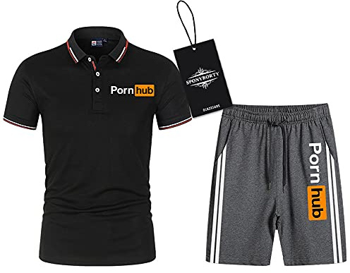 SPONYBORTY Polo Zwei Stück Hemden T-Shirt Kurze Hose Kurzärmelig PO.RN_HUB Drucken Oben Männer & Frauen Baumwolle Beiläufig Trainingsanzug Einstellen Kapuzenpullover T-Stück Joggen / c1 / L