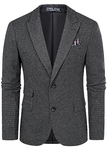 PJ PAUL JONES Men's Vintage Herringbone Tweed Blazers British Wool Blend Sport Coat Jacket, Black Houndstooth, L