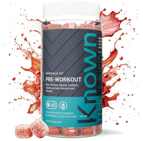 Known Pre-Workout Gummies – Raspberry & Yuzu Flavour – Vegan Gummy Supplement – Caffeine, Taurine, Citrulline, Alanine & Vitamins D3, B3, B6, C – Energy, Focus & Endurance – 15 Servings – Men & Women