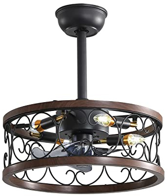 WDENI Caged Ceiling Fan with Lights and Remote, 17.7 Industrial Ceiling Fans with Lamps, Vintage Fan Light with 6 Speeds DC Motor Timer for Living Room Kitchen Bedroom Farmhouse (Wood)