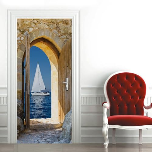 A.Monamour Türtapete Selbstklebend Türfolie Türposter 3D Segelboot Auf Dem Meer Von Einem Steinbogen Aus Vinyl Folie Türdeko Tapete Wandbild Wanddeko Türaufkleber Türtattoo 90 x 200cm
