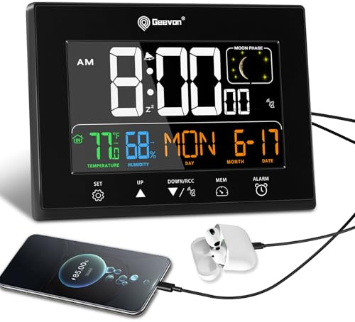 Geevon Digital Atomic Alarm Clocks for Bedrooms, Color VA Display Atomic Clock with Indoor Temperature and Humidity, DST, Dimmable Backlight, 2 USB Ports, Calendar, and Moon Phases