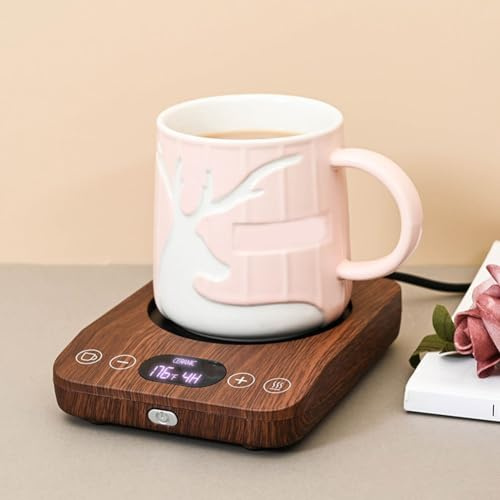 Tassenwärmer, Kaffeewärmer mit 3 Temperaturstufen, automatische Abschaltung, Kaffeebecherwärmer, Kaffeetassenwärmer mit 2–12 Stunden Timer (EU-Holzmaserung)